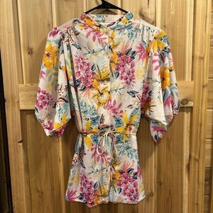 Pink and Purple Puff Sleeve Blouse with Mandarin Collar and Tie Front